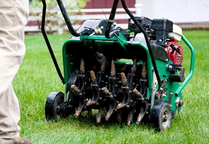 Core Aeration of a lawn with a core aerator